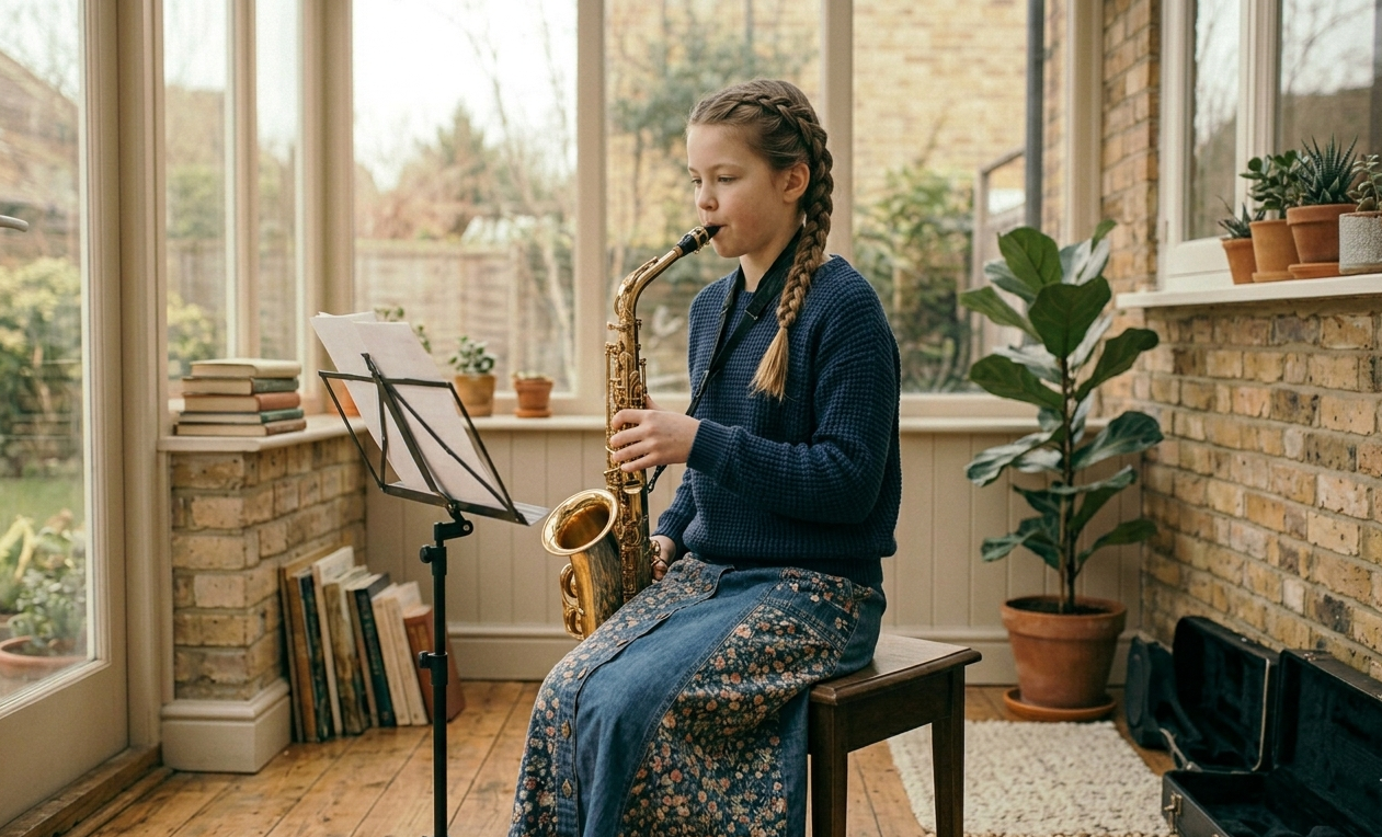 Student playing saxophone in the sunlit studio