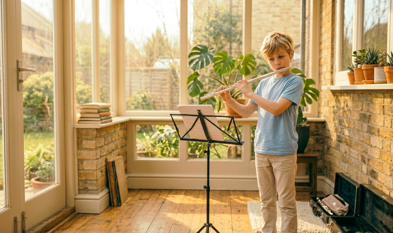 Student playing flute in the sunlit studio