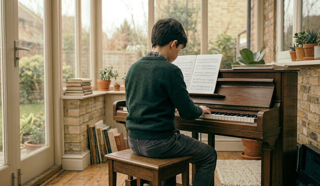 Student at the piano in the sunlit studio